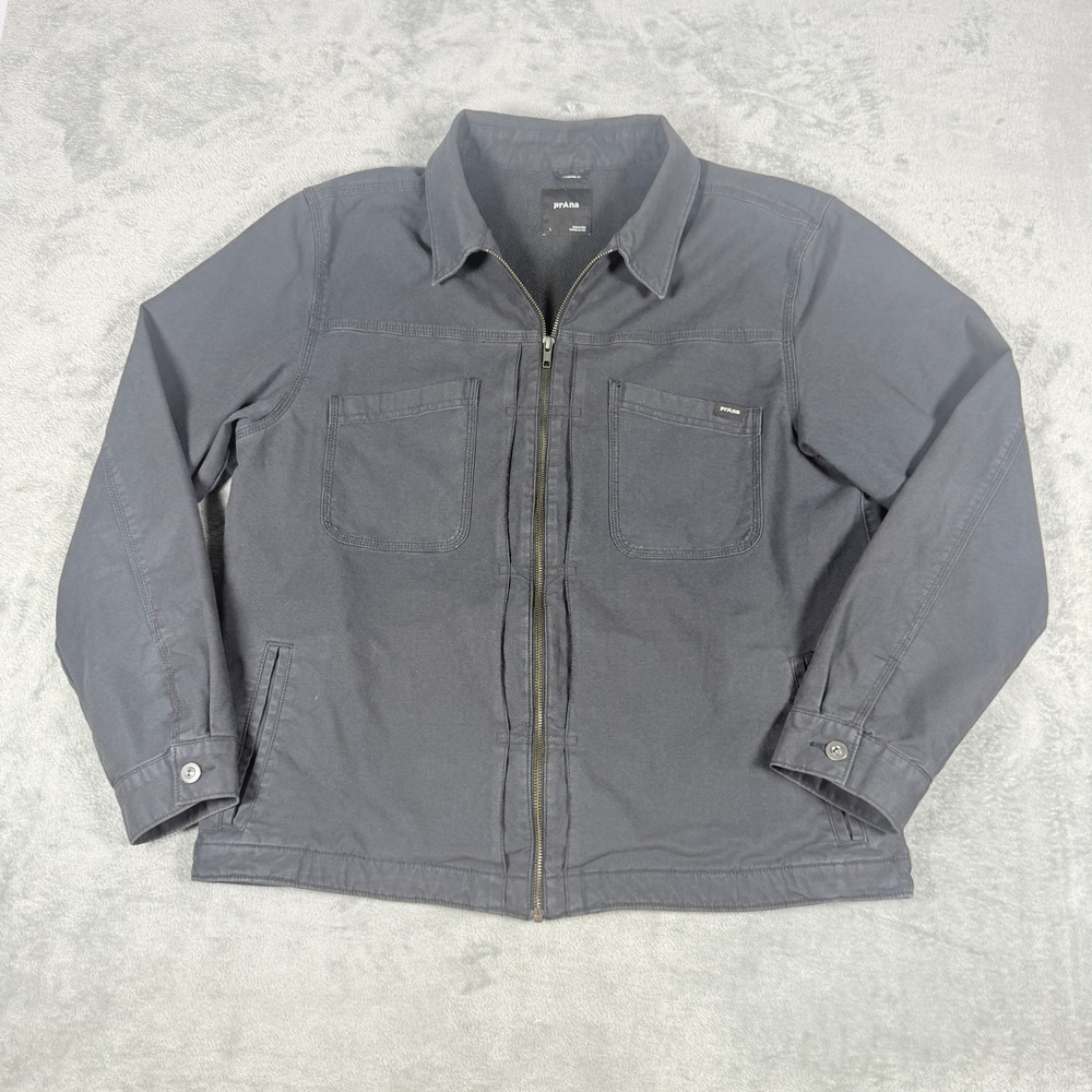 Prana Mens Large Gray Full Zip Canvas Workwear Jacket Organic Cotton Blend
